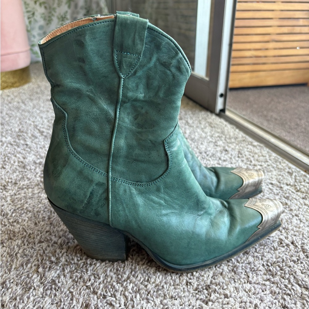 Free People Brayden Western Boots with Distressed Petrol (Blue) Leather